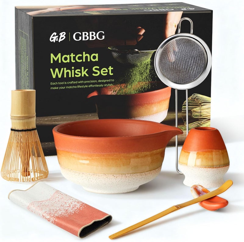 GBBG Matcha Whisk Set, Ceramic Matcha Kit Desert Style, Matcha Whisk and Bowl, Bamboo Scoop and Rest, Sifter and Tea Towel, 7 Pcs Gifts for Matcha Lover - Matte Soil - Image 1